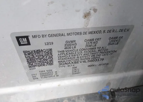 2020 Chevrolet Equinox Awd Ls из США, поврежденный, VIN 3GNAXSEV4LS603179